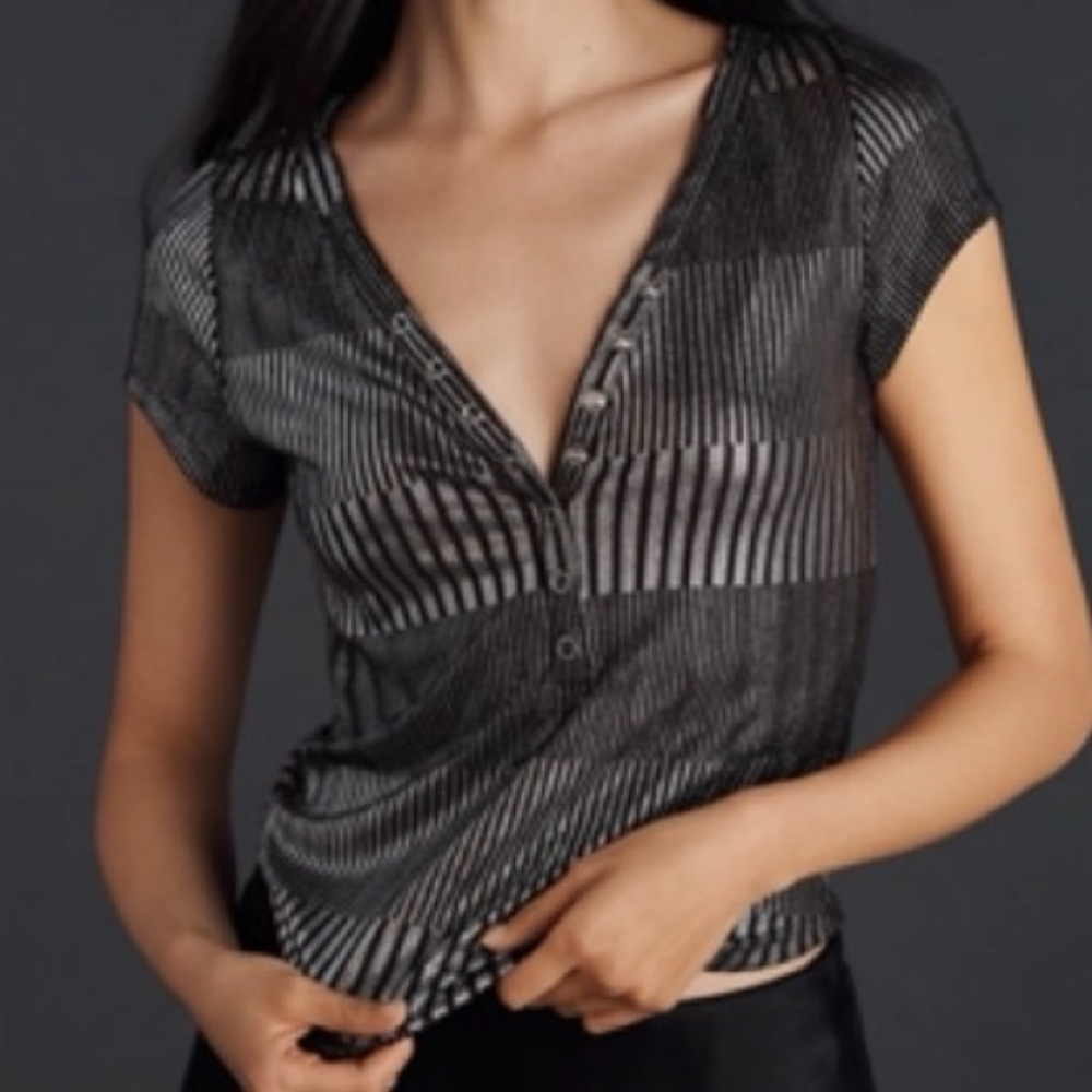 NWT Striped Metalic Black and Gray V-Neck Top